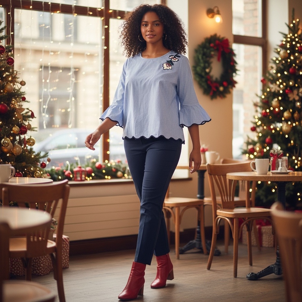 Blue  Pinstripe Ruffle Sleeve Top with Floral EmbroideryMedium